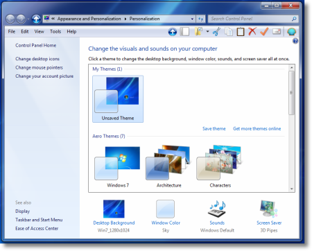 Windows 7 personalization panel