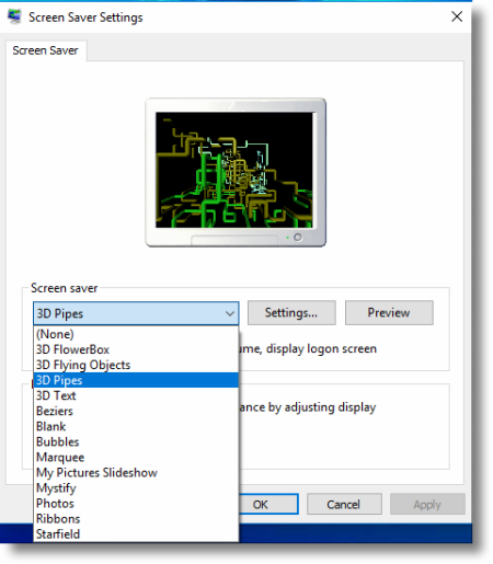 Windows 10 main screensaver settings