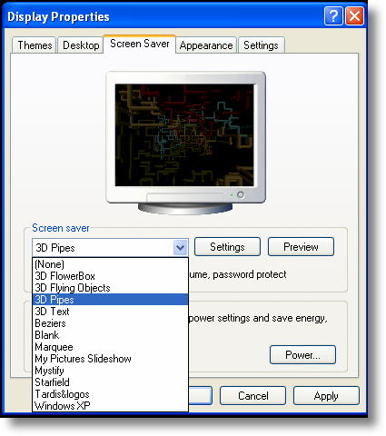 Windows XP main screensaver settings