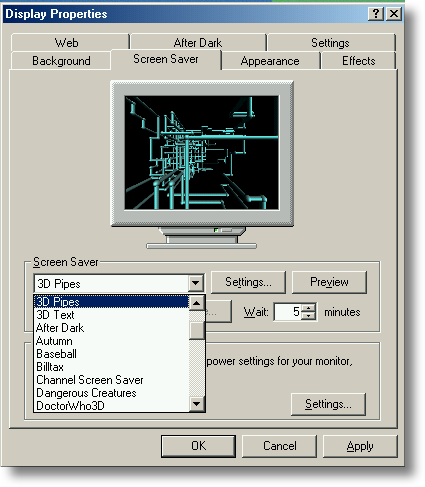 Windows Me main screensaver settings